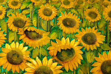 Fototapeta premium Fragment of vintage oil painting depicting sunflowers, heavily textured.