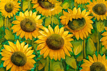 Fototapeta na wymiar Fragment of vintage oil painting depicting sunflowers, heavily textured.