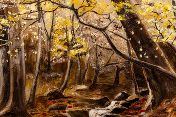 Fragment of Vintage Forest Creek Landscape Oil Painting