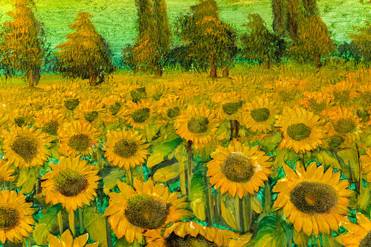 Fragment of vintage oil painting depicting sunflowers, heavily textured.