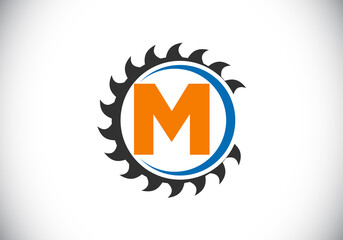 Initial M monogram alphabet with the saw blade. Carpentry, woodworking logo design. Font emblem. Modern vector logo for sawmill business and company identity