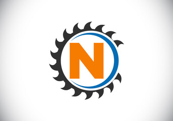 Initial N monogram alphabet with the saw blade. Carpentry, woodworking logo design. Font emblem. Modern vector logo for sawmill business and company identity