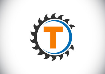 Initial T monogram alphabet with the saw blade. Carpentry, woodworking logo design. Font emblem. Modern vector logo for sawmill business and company identity