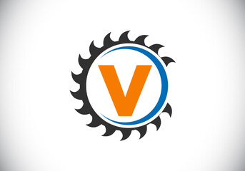 Initial V monogram alphabet with the saw blade. Carpentry, woodworking logo design. Font emblem. Modern vector logo for sawmill business and company identity