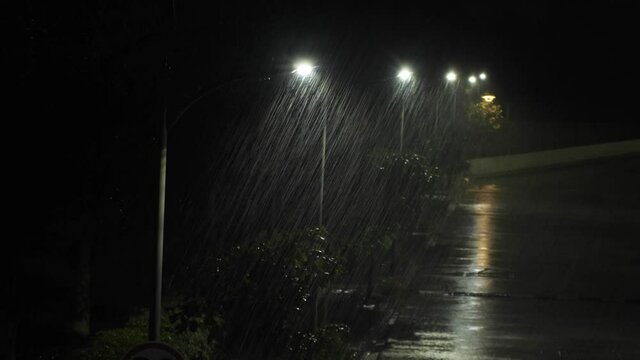 Long shot of a lonely street at night, windy weather, down-pouring rain.