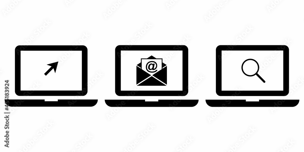 Poster laptops with cursor, open email and search icon. computer technology. smart device. vector illustrat