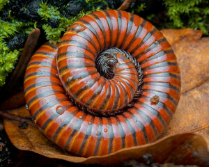 Macrophotography of a red cylindrical millipede on a leaf (Spirostreptida).