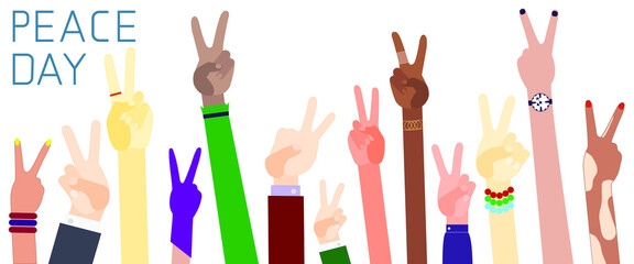 Hands of different nationalities with the sign of peace. Peace Day. Flat design
