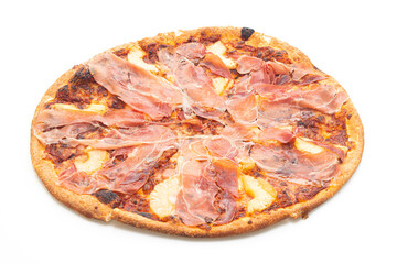 Pizza with prosciutto or parma ham pizza on white background