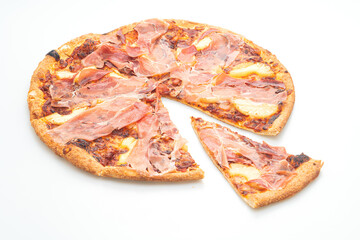 Pizza with prosciutto or parma ham pizza on white background