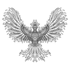 Hand drawn of phoenix in zentangle style