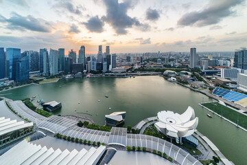 Fototapeta na wymiar Aerial view of Marina Bay and skyscrapers at sunset, Singapore
