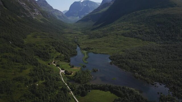 Aerial View Of Tourist Cabins By The Lakeshore In Innerdalen Valley, Norway.