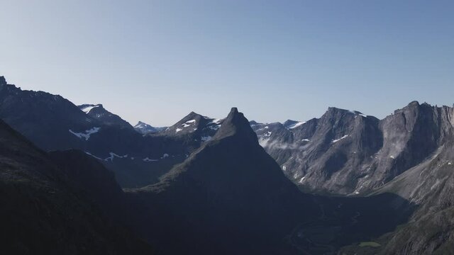 Innerdalen Valley With Pointed Formation In The Trollheimen Mountain Range In Norway. wide shot
