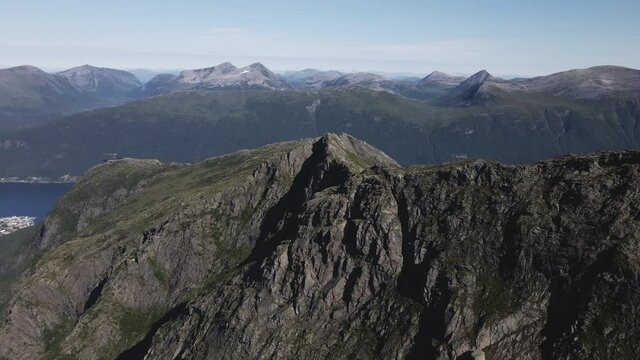 Beautiful rocky mountains of the Innerdalen Mountain Valley of Norway -Aerial