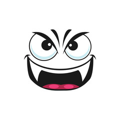 Angry emoticon vampire with fangs teeth and open mouth isolated emoji icon. Vector smiley Halloween demon, cheerful spooky creature head. Cute comic dracula, monster with emotion of evil and fear