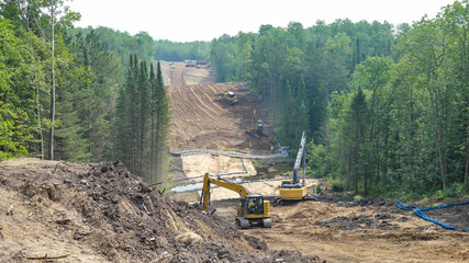 Line 3 Oil Pipeline construction site through forest land in Minnesota.