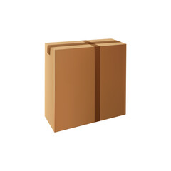 Fototapeta premium Closed carton packaging with sellotape isolate box icon. Vector packed cargo container to import or export, blank packaging to deliver goods. Horizontal narrow pack with adhesive tape, parcel mockup