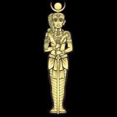 Fototapeta premium Animation portrait Egyptian God Honsu. God of the moon, of time, a young man a wanderer with a curl of youth. Vector illustration isolated on a black background. Imitation of gold.