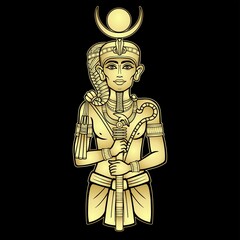Animation color portrait  Egyptian God Honsu. God of the moon, of time, a young man a wanderer with a curl of youth. Vector illustration isolated on a black background. Imitation of gold.