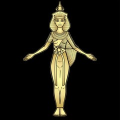 Animation color portrait Ancient Egyptian goddess Selket. Lord of  scorpions and defender of the dead. Vector illustration isolated on a black background. Imitation of gold.