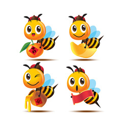 Collection set of cartoon cute bee wearing Chinese traditional costume holding tangerine, honey pot, gold ingot and chinese scroll. Chinse New Year celebration