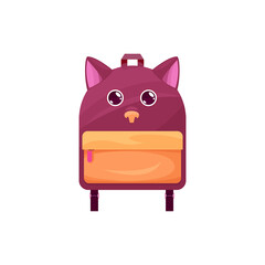 Baby schoolbag isolated vector icon, cute rucksack with cat or dog muzzle and ears. Cartoon kids backpack for girl or boy, preschooler or student knapsack on white background