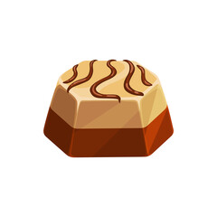 Chocolate candy, sweet dessert, vector choco candy made of dark and white chocolate layers with praline or liquor filling. Cocoa cartoon patisserie product of hexagon shape
