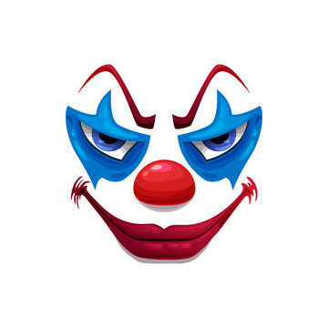 Creepy Clown Face Vector Icon, Smiling Funster Mask With Makeup, Red Nose, Lips And Angry Eyes. Scary Smiling Halloween Character Emoticon, Isolated Horror Creature Emoji