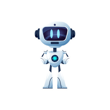 Cartoon robot vector cyborg, toy or bot character, artificial intelligence technology. Friendly ai humanized robot with arms akimbo and digital glow face, cute isolated electronic chatbot