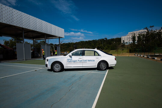 Vladivostok, Russia - August 17, 2021: Hydrogen Powered Aurus Senat Car At EEF - 2021.