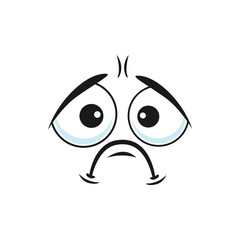 Upset emoticon with sad face expression isolated icon. Vector unhappy emoji with offended sorrow expression, sadness, mourning and grief. Bored sad smiley with depressed big eyes, mouth curved down