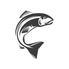 Obraz premium Salmon ray-finned fish isolated fishery mascot monochrome icon. Vector trout fish grayling whitefish char fishing sport trophy. Underwater animal, salmon freshwater fish, seafood, marine food