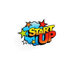 Comic burst startup start up chat halftone cloud with stars isolated flat cartoon icon. Vector get started game or project expression, communication speech bubble burst message pop art retro style