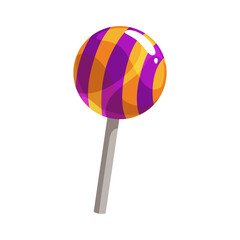 Lollipop round striped sweet lolly isolated realistic icon. Vector candy-cane on stick, spiral holiday confection. Halloween party trick or treat sweets, spiral glossy caramel or chocolate dessert