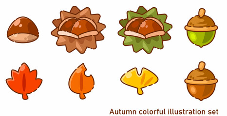 秋の木の葉と木の実のイラストセット