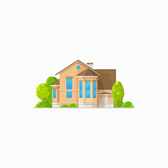 Country house, urban private home with chimney and mansard isolated. Vector real estate building, cottage apartment, townhouse urban home with green trees, entrance door. Living dwelling