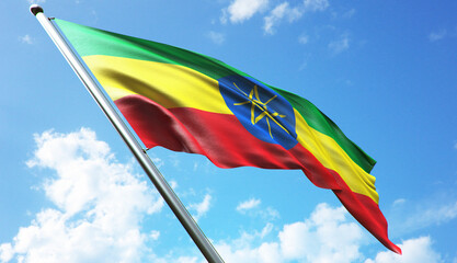 3D rendering illustration of the Ethiopia flag with a blue sky background