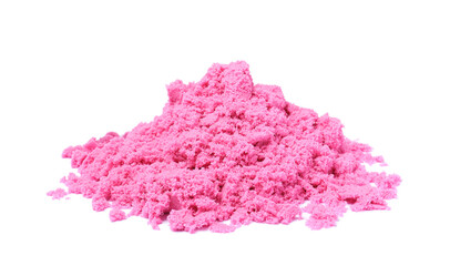 Pile of pink kinetic sand on white background