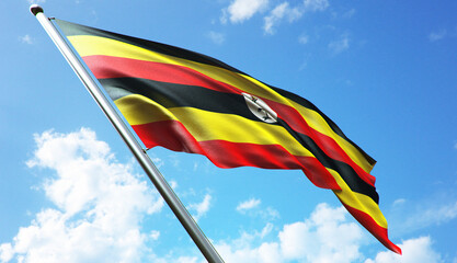 3D rendering illustration of the Uganda flag with a blue sky background