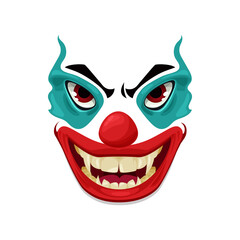 Scary clown face vector icon, funster mask with makeup, red nose, angry eyes and creepy smile with sharp teeth. Halloween character emoticon, isolated horror creature emoji