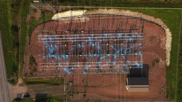 Electromagnetic field on a electric power station - 3d animation - top down aerial