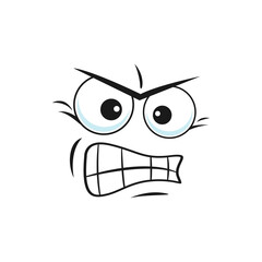 Questionable angry smiley, doubtful angry face expression isolated emoticon. Vector distrustful emoji with big eyes, distrusted smile, suspicious emoticon facial expression, sad bad mood wrathy emoji