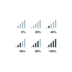 Signal strength indicator set with percent number, mobile phone bar status icon. No signal symbol, network connection level sign isolated on white.