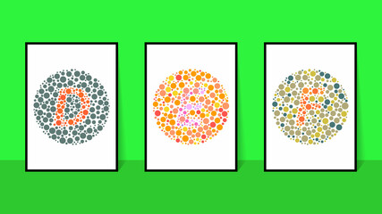 vector graphic of color blind Test. Ishihara Test daltonism color blindness disease perception test letter D, E and F blindness test set.