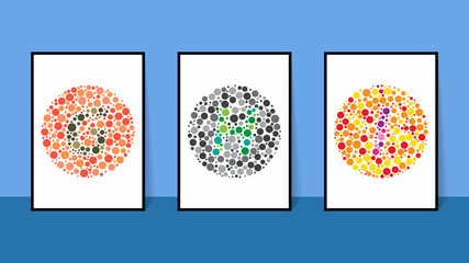 vector graphic of color blind Test. Ishihara Test daltonism color blindness disease perception test letter G, H and I blindness test set.