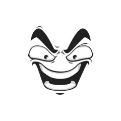 Cartoon face vector gloat laugh emoji with angry eyes and laughing toothy mouth. Negative facial expression, funny feelings isolated on white background