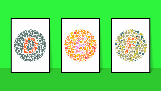 vector graphic of color blind Test. Ishihara Test daltonism color blindness disease perception test letter D, E and F blindness test set.