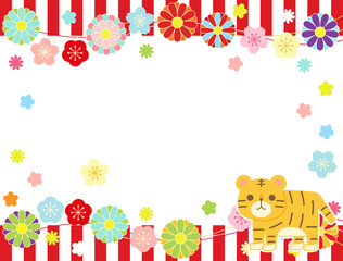 カラフルな花と虎と紅白幕の2022年の年賀状使えるイラスト