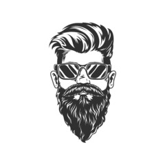 Elegant unshaved retro man in sunglasses isolated hipster with stylish haircut monochrome icon. Vector dj or musician in glasses, brutal handsome guy with beard and moustaches, barbershop symbol